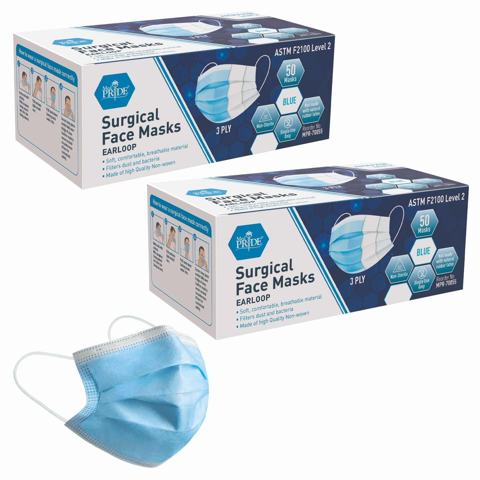 MED PRIDE Medical Disposable 3-Ply Face Masks | Breathable Earloop | 100–200 Ct