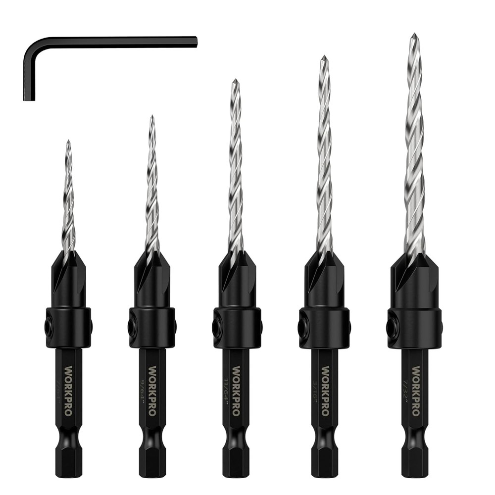 WORKPRO 5-Pack Countersink Drill Bit Set M2 HSS Adjustable with Included Hex Key