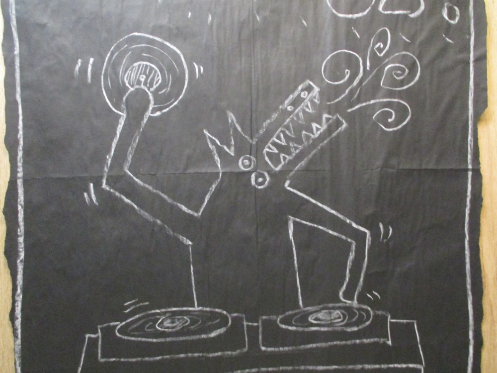 SUBWAY DRAWING chalk on black paper NYC wolfguy DJ Crank it up 81! KEITH HARING