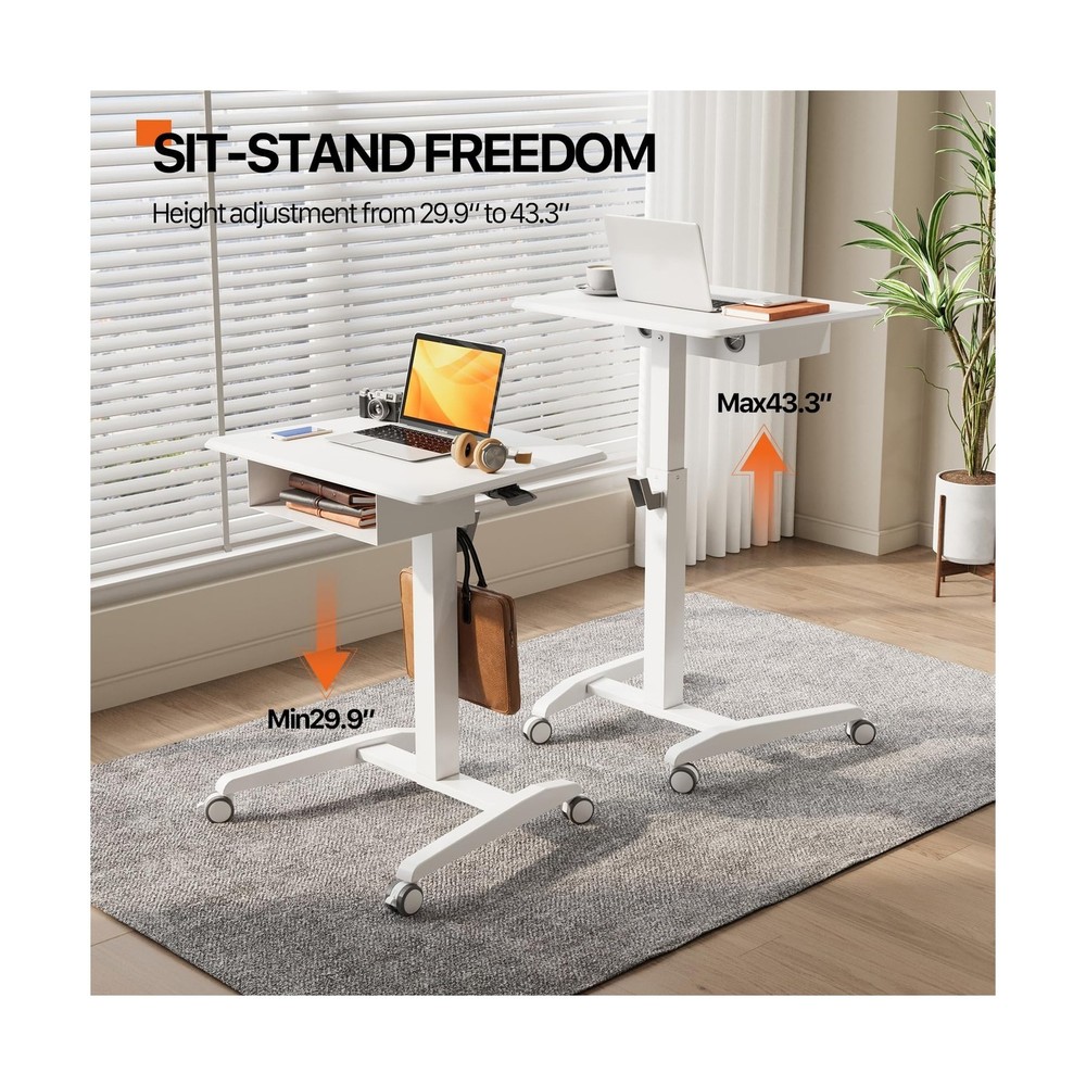 JOY Worker Mobile Standing Desk With Storage Drawer, Pneumatic Height Adjusta...