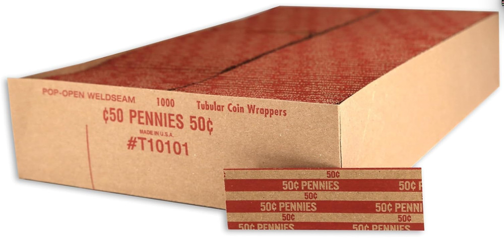 Huron Flat Coin Wrapper, Penny Rolls $.50 Cent Red (1,000 pcs)