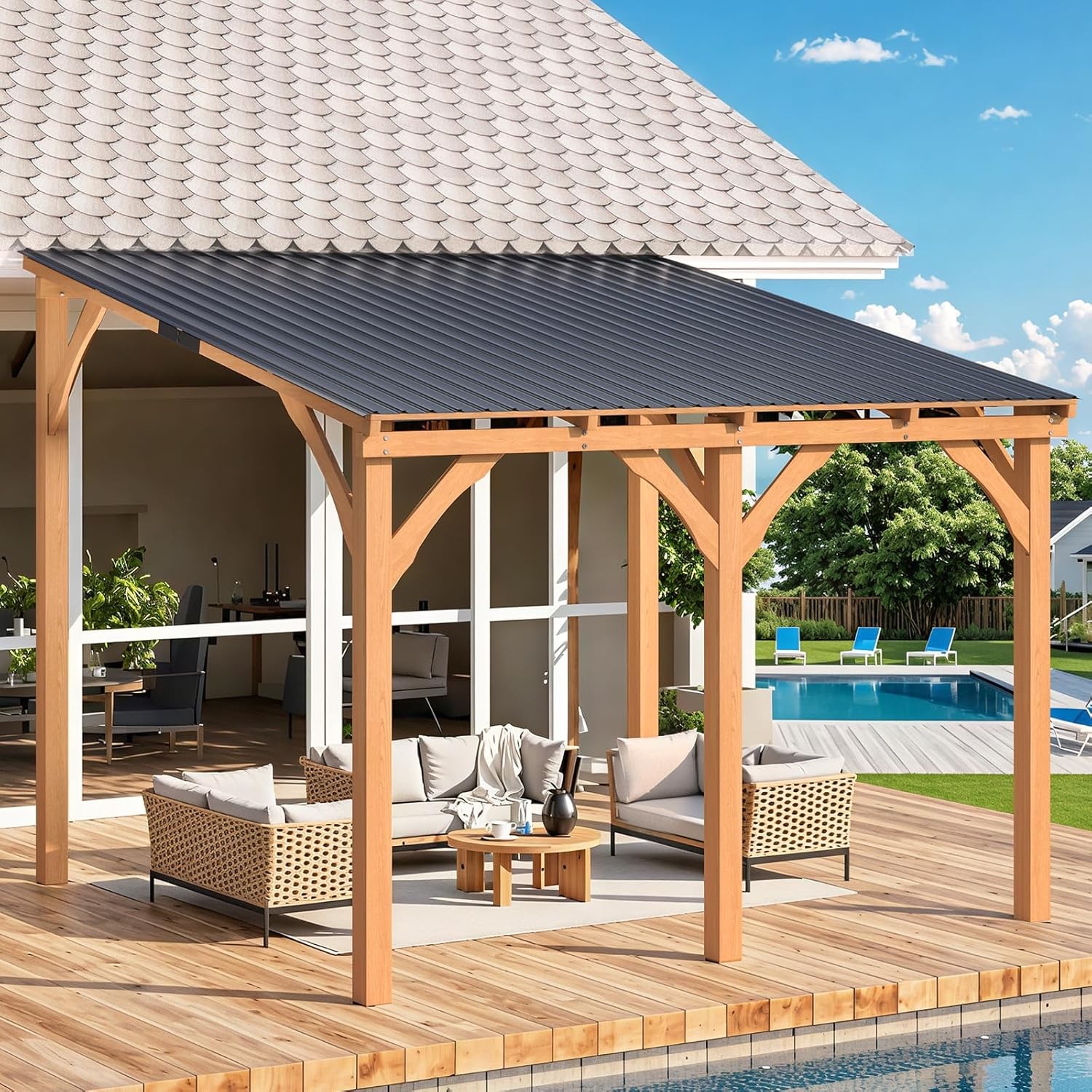 Outdoor Wood Gazebo for Patio, Outdoor Lean to Hardtop Cedar Pergolas/Gazebos