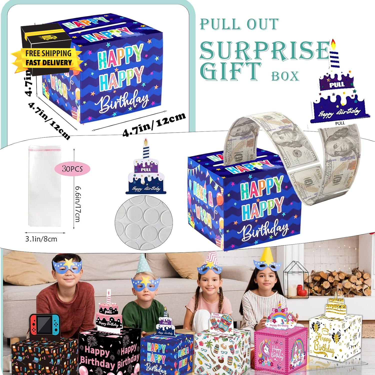 Birthday Money Box for Cash Gift Pull, Surprise Money Roll Gift Box with Pull Ou