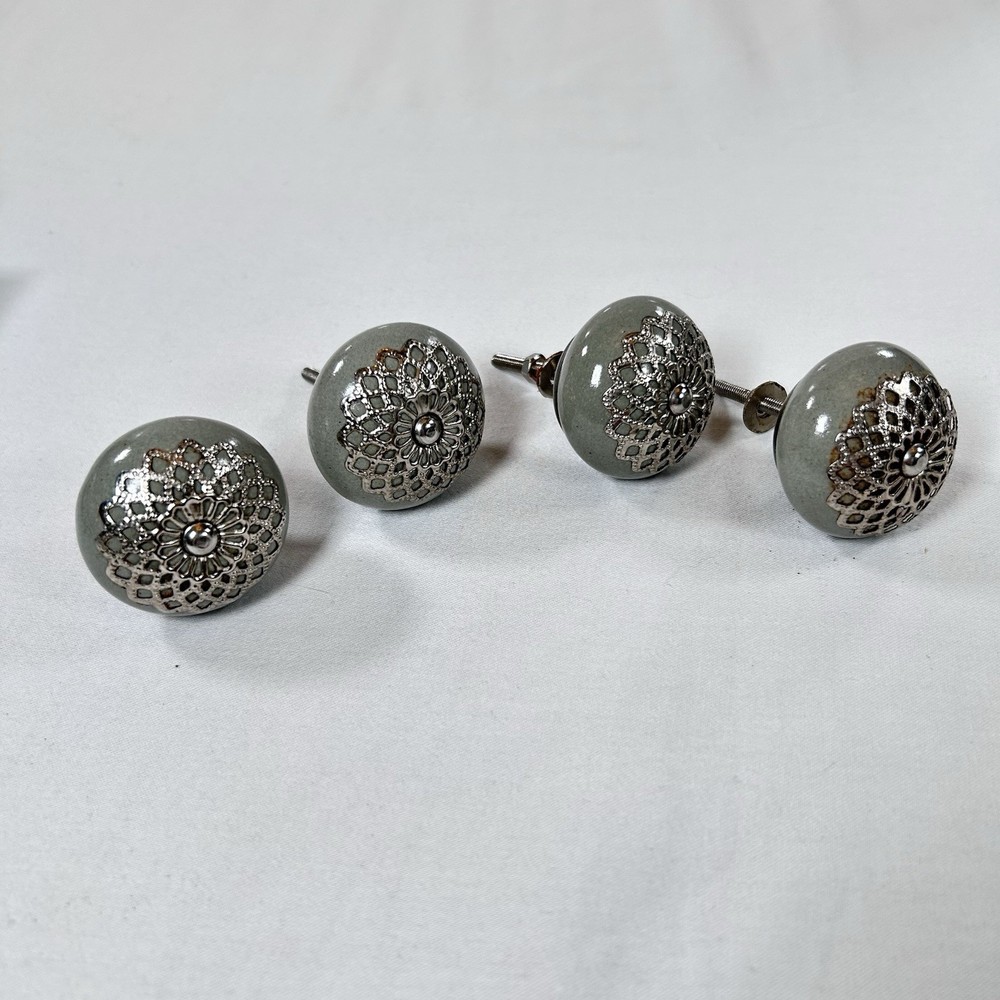 Set of 4 Casa Decor Ceramic Gray & Silver Drawer Cabinet Knobs/Pulls Moroccan