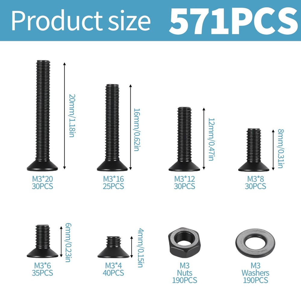 M3M4M5M6M8 Hex Socket Head Countersunk Screws Bolts Nuts Washers Assortment Kit