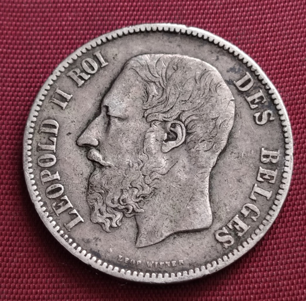 1873 Belgium 5 Francs Leopold II    Silver