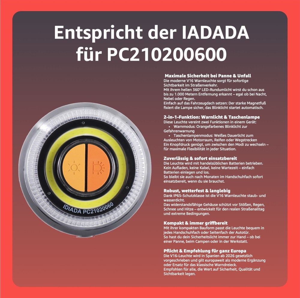 Emergency Warning Light V16 IDIADA EU Approval - Breakdown Light IDIADA PC21020060