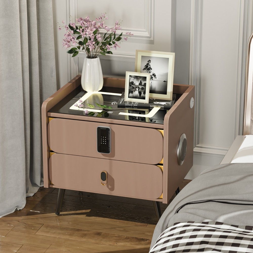 20" Tall Smart nightstand with combination lock &Bluetooth player(Light coffee)