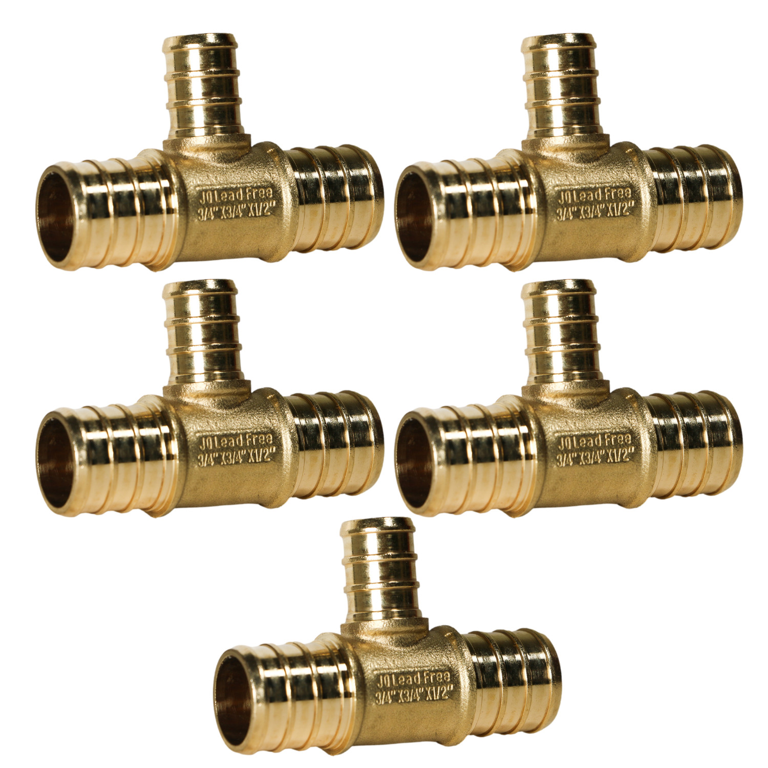 5 Pack XFITTING 3/4" x 3/4" x 1/2" Pex B Tee Crimp Fitting, Lead Free Brass