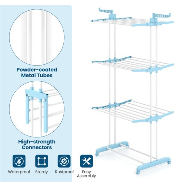Blue 4-Tier Foldable Clothes Drying Rack with Wheels,