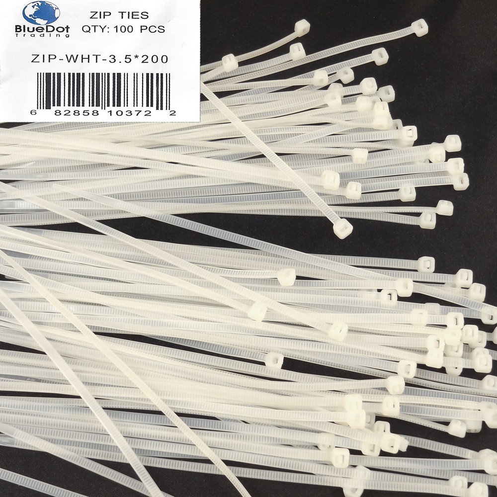 100 8" 3.5x200mm Nylon Plastic Wire Cable Ties Zip Wrap Loop Self Locking WHITE