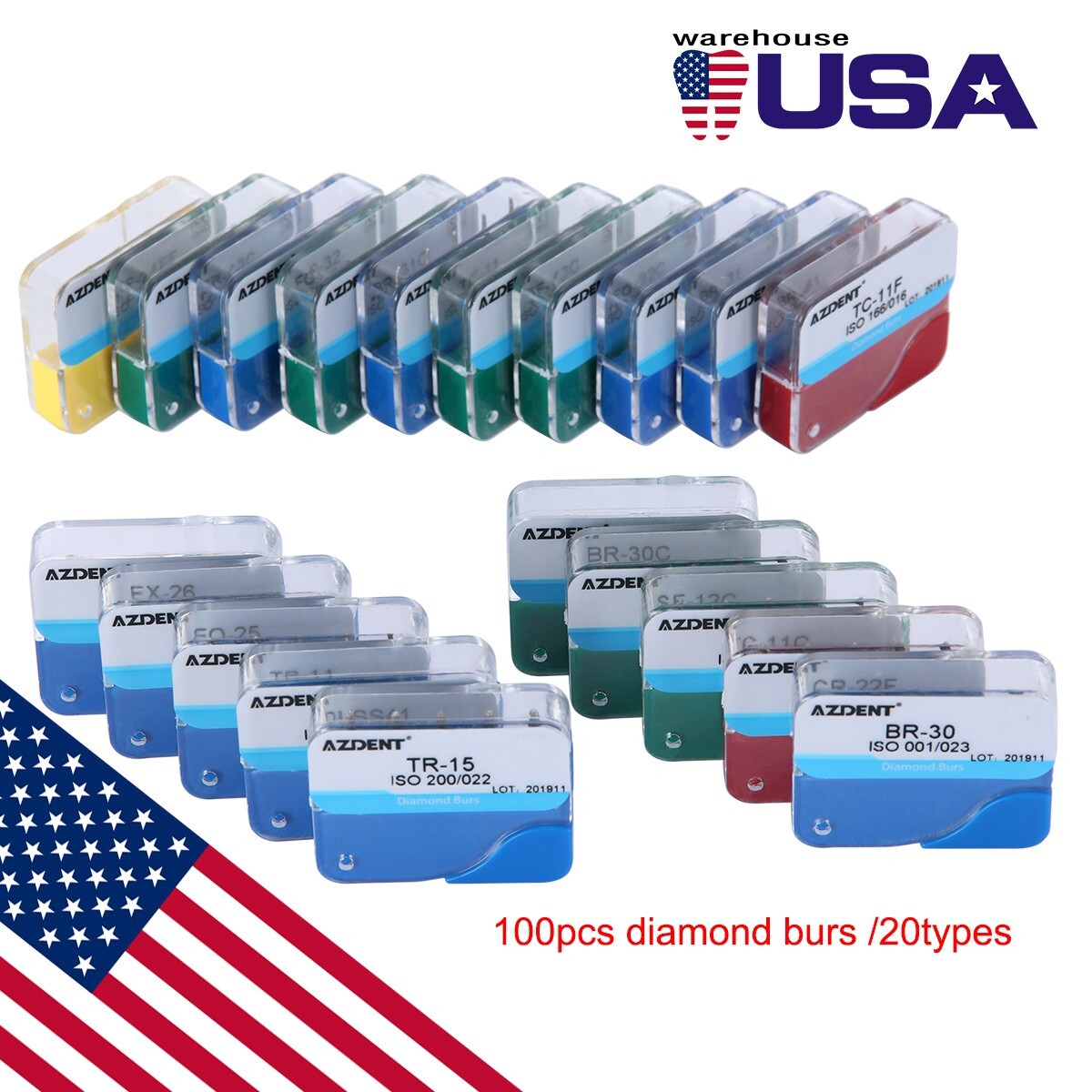 100Pcs AZDENT Dental Diamond Burs Kit for High Speed Handpiece Medium FG 1.6MM