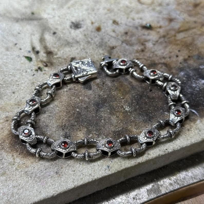 Men Silver Ruby Hand-Engraved Bracelet, Red Ruby Gemstone Chain Bracelet