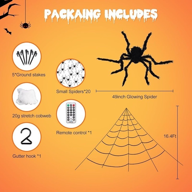 Giant Light Up Spider Web Remote Control Timer Realistic Spider Halloween Decor