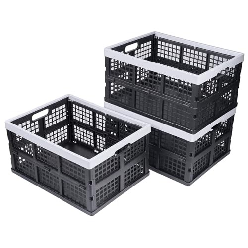 3-Pack Plastic Collapsible Storage Crates-30L,Foldable Plastic Black+Gray