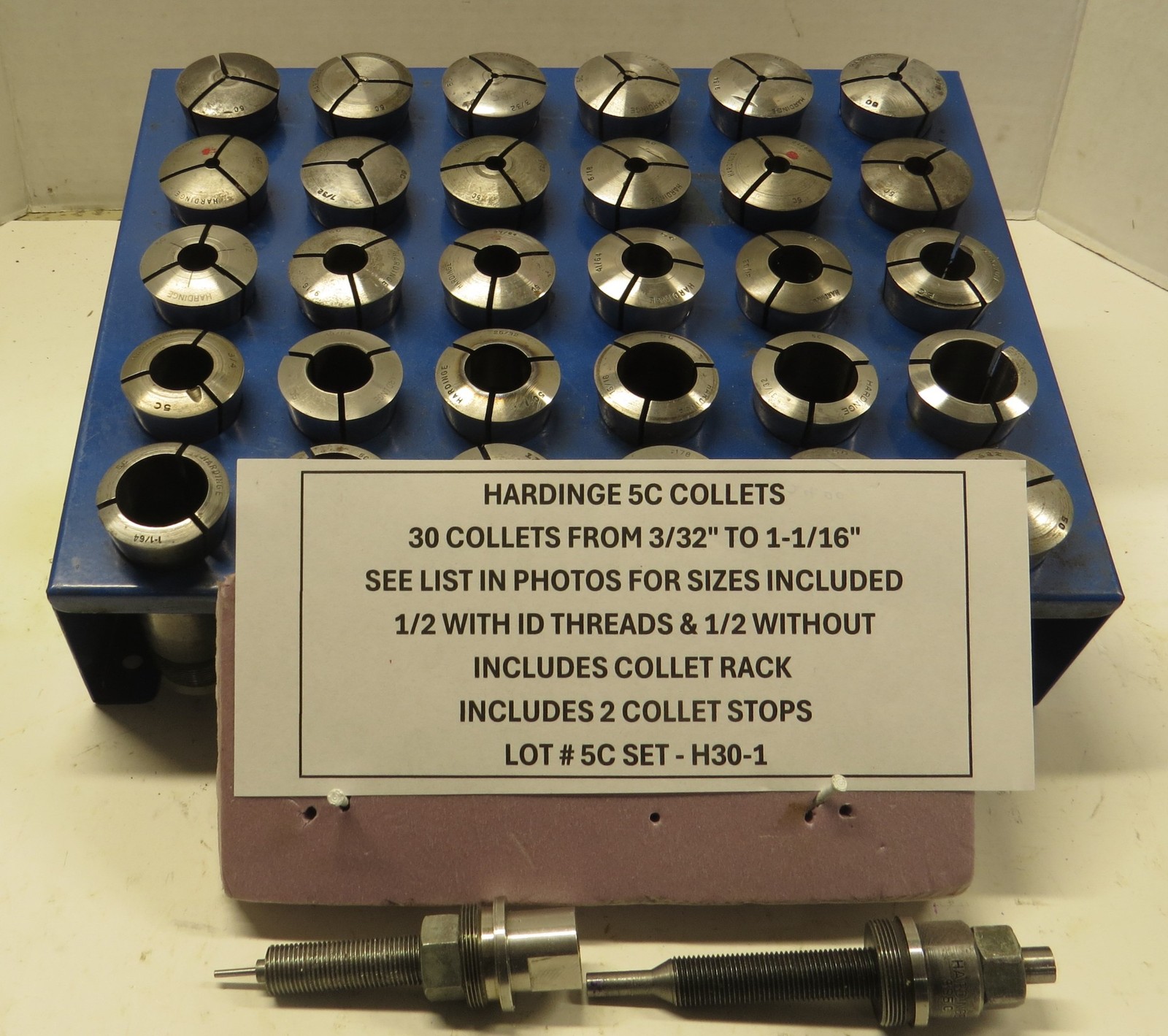 HARDINGE 5C COLLETS - 30 SIZES - 3/32" TO 1-1/16" + RACK + STOPS - LOT #H30-1