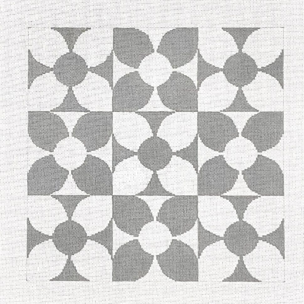 Hand painted needlepoint canvas Grey and White 9 patch optical flower pattern 10