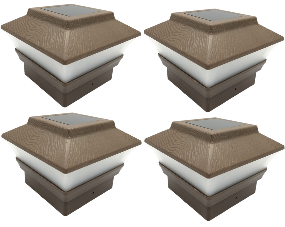 4-Pack Brown Wood Grain Texture 4X4 Solar LED Post Deck Cap Square Fence Light