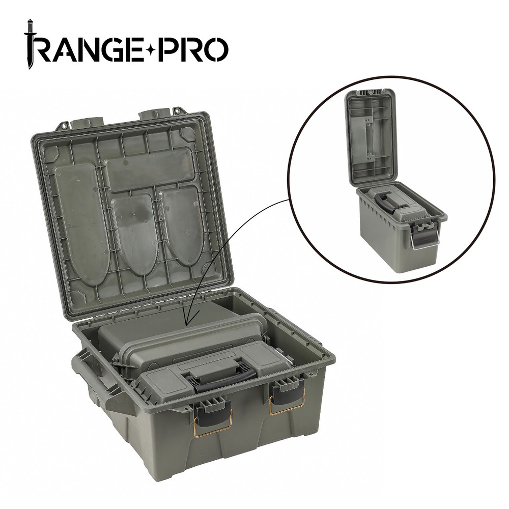 Four-Can Assorted Ammo Can Crate Set, OD Green, Plastic, Stackable Storage Boxes