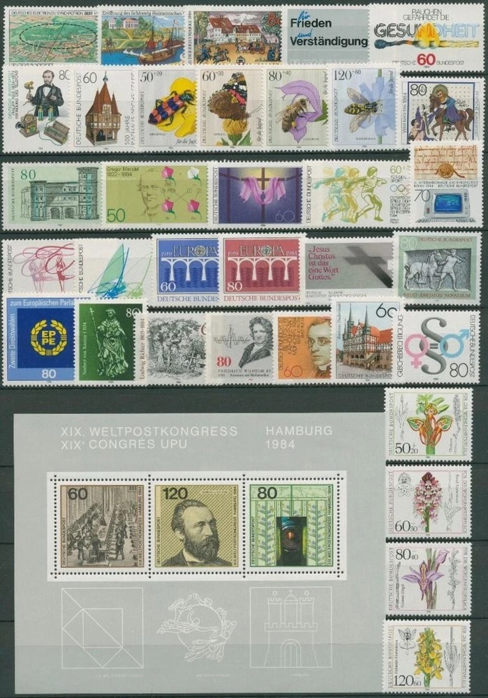 Germany, 1984 year set, 34 stamps plus SS, MNH