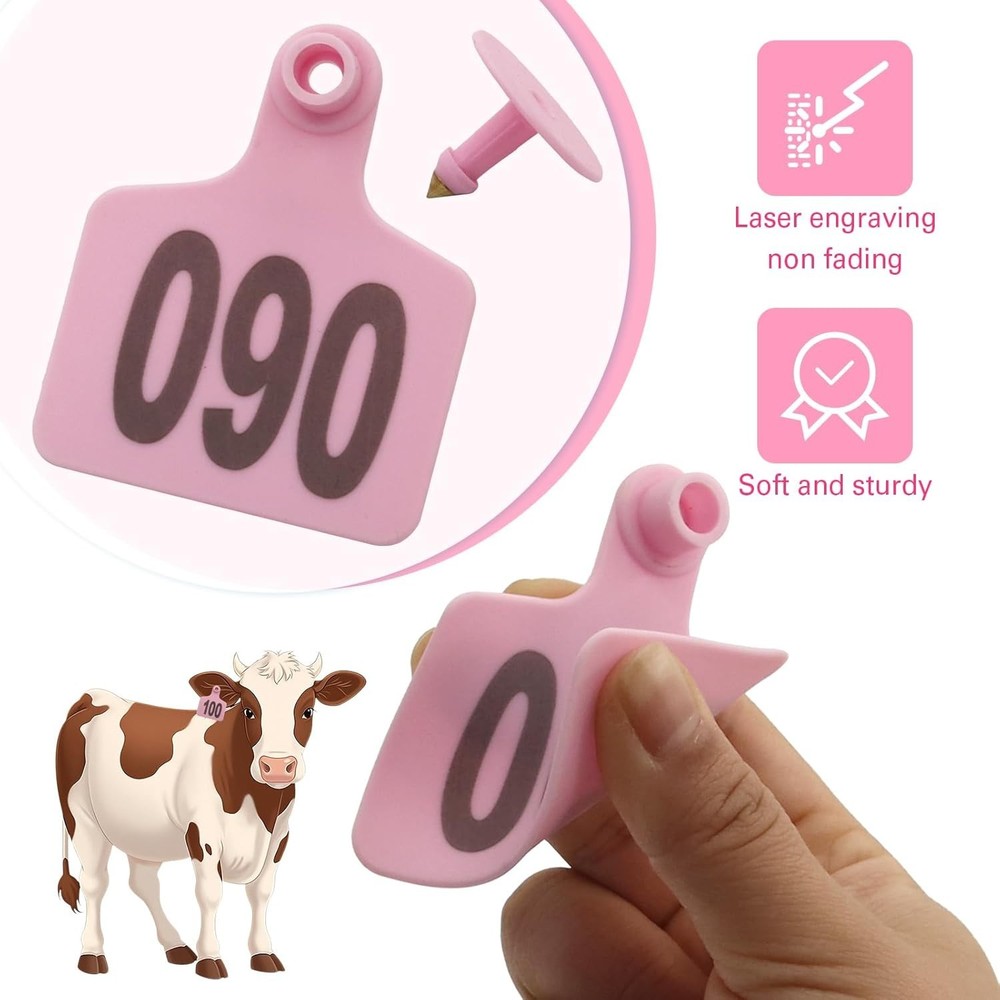 Round Cattle Ear Tags 001-100 with Applicator - Pink Tagging Solution