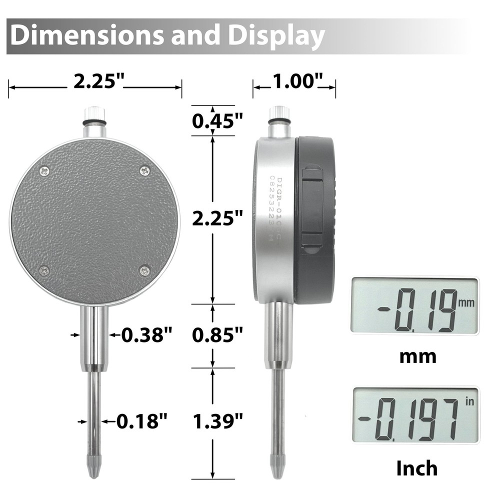 Clockwise Tools Digital Indicator, 0-1"/25.4mm DIGR-0105, Grey, Silver