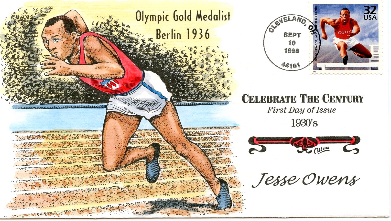 WWLF US COLLINS CACHET FDC CELEBRATE THE CENTURY CTC 3185j  JESSE OWENS