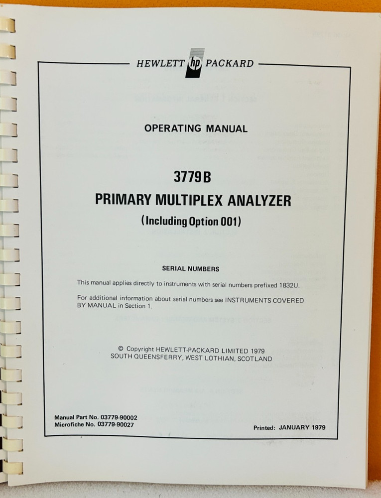 HP 03779-90002 1979 3779B Primary Multiplex Analyzer Operating Manual.