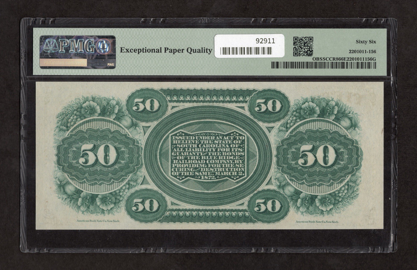 1872 $50 State of South Carolina Obsolete Note - PMG 66 EPQ
