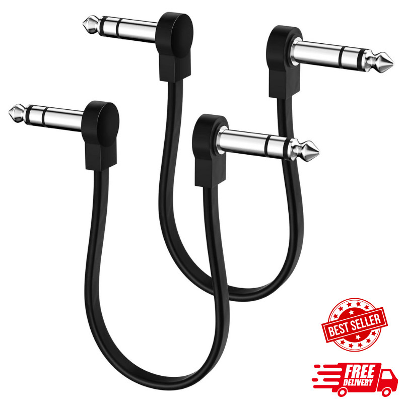 Premium 12-Inch TRS Flat Patch Cables 2-Pack, Low Profile Right Angle, Black