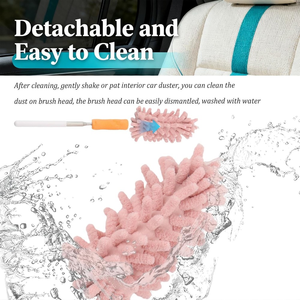 2PCS Car Interior Duster Pink Microfiber with Bendable Head & Retractable Pole