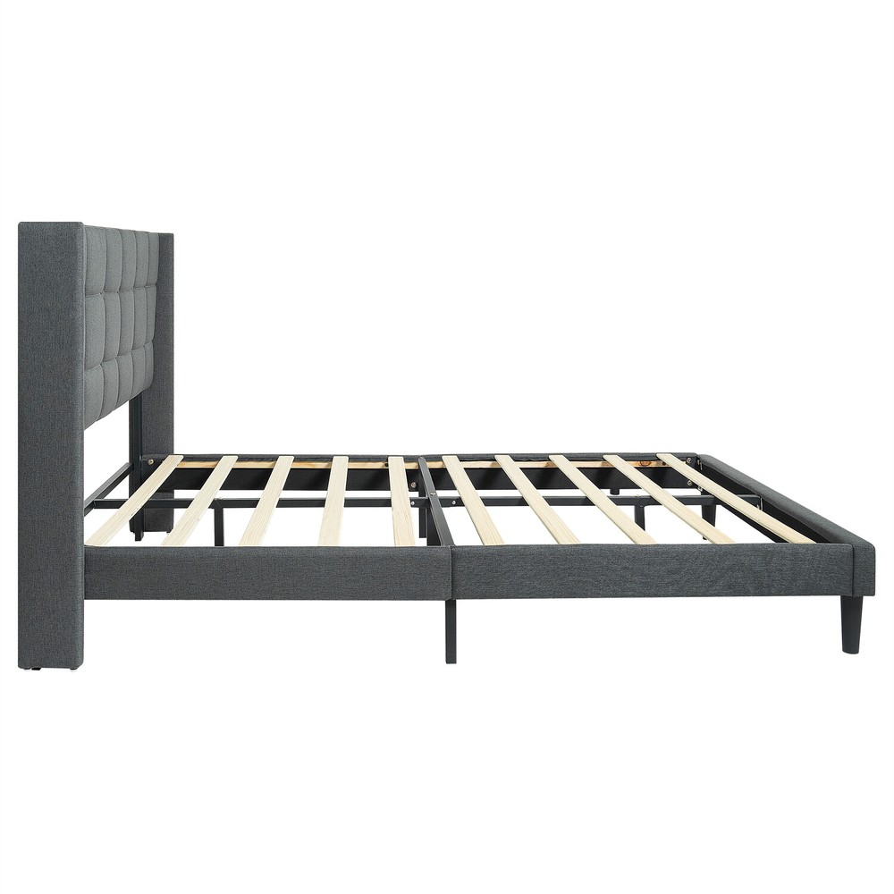 Queen Size Bed Frame Upholstered Platform Bed Frame with Headboard Drak Grey