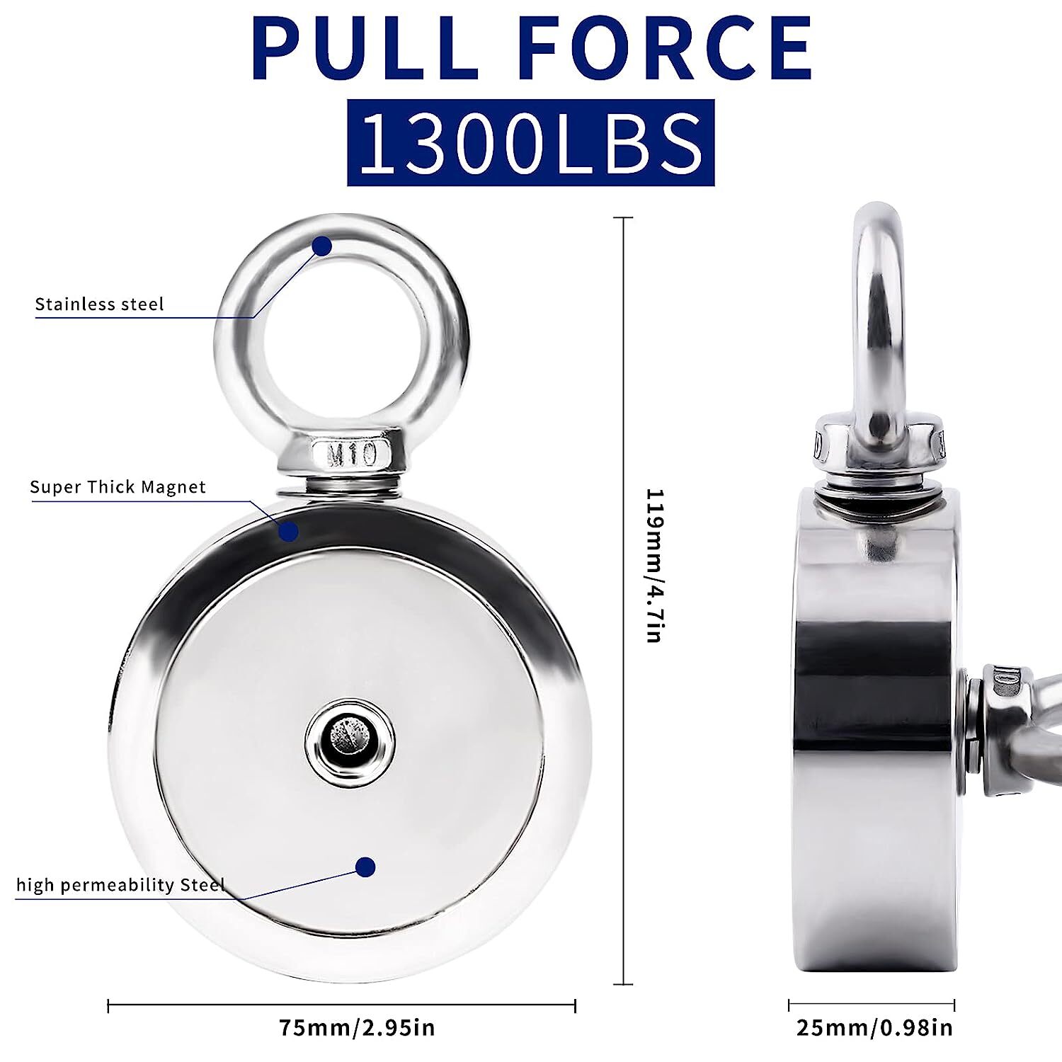 Fishing Magnet Kit Up to 1800 Lbs Pull Force Strong Neodymium + Carabiner + Rope