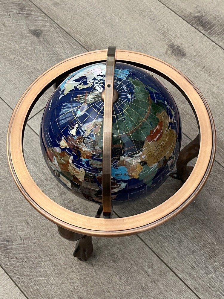 Blue Lapis Rotating Globe Precious Inlaid Stone Solid Brass w/ Compass