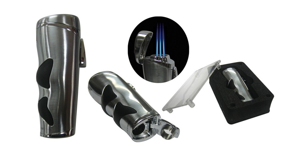 Evolution Lighter Triple Jet Torch Flame w/ Plug Punch Cutter for Cigars Silver