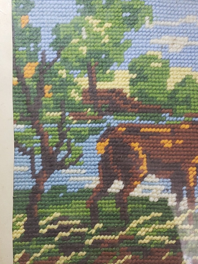 Vtg Handmade Needlepoint Deer Nature Framed