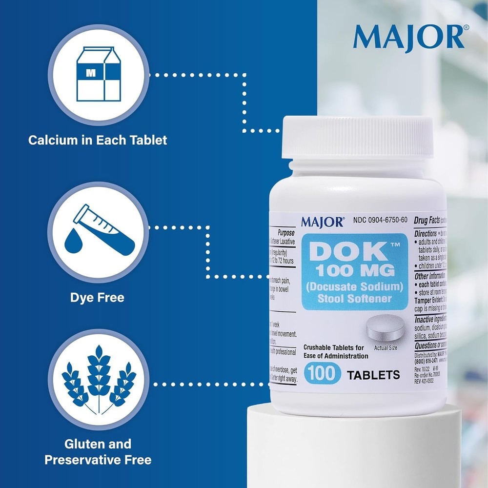 Major DOK 100 mg Docusate Sodium Stool Softener 100 Tablets