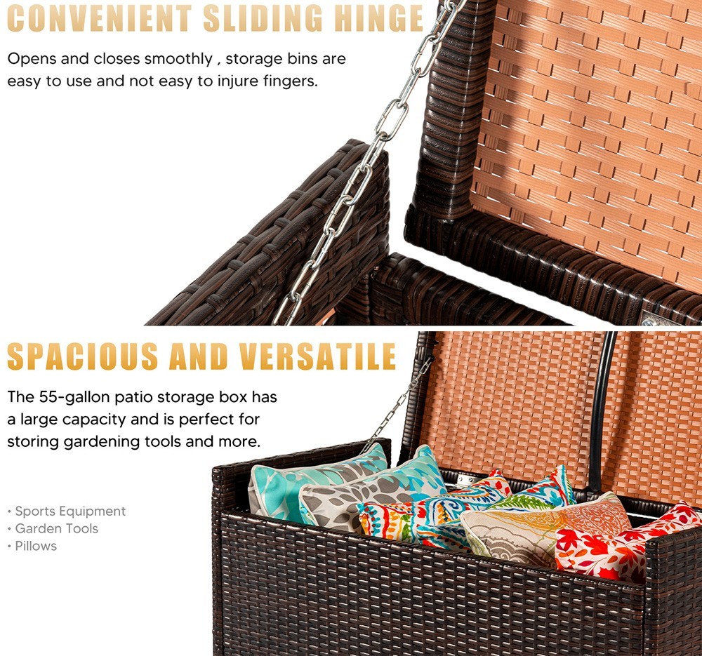 WICKER DECK OUTDOOR STORAGE BOX RATTAN BENCH HAND-WOVEN WITH CUSHION 55 GALLON