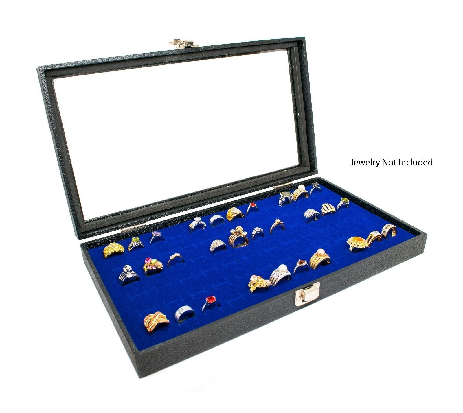 Novel Box Glass Top Black Jewelry Display Case With 36 or 72 Foam Ring Inserts