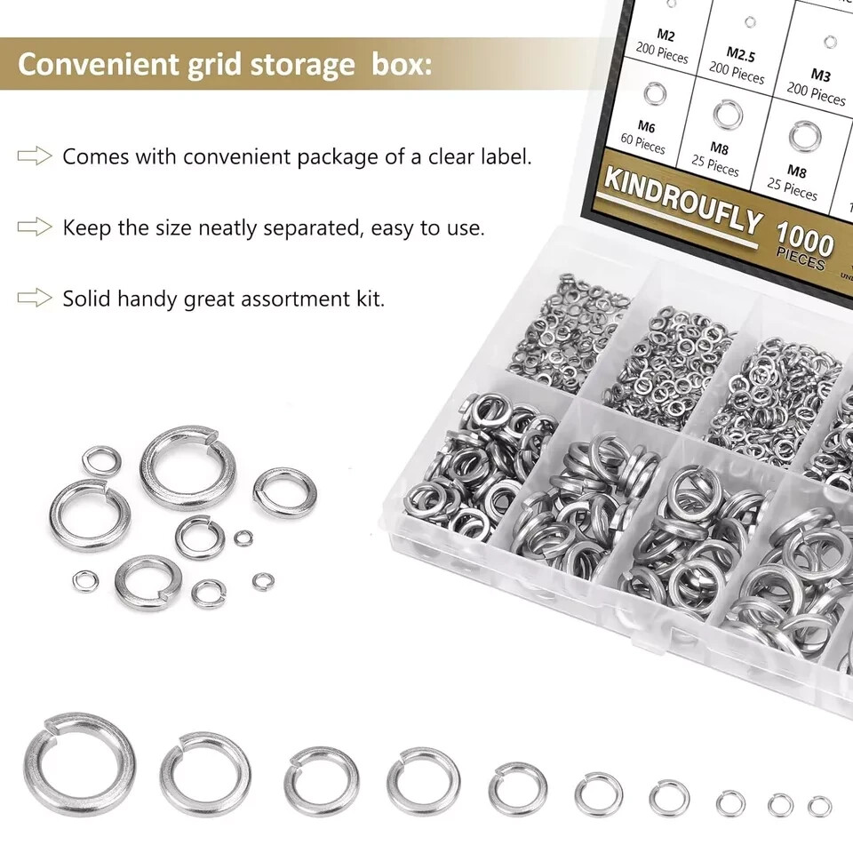 1000-Piece Stainless Steel Split Lock Washers Assortment Kit (9 Sizes)