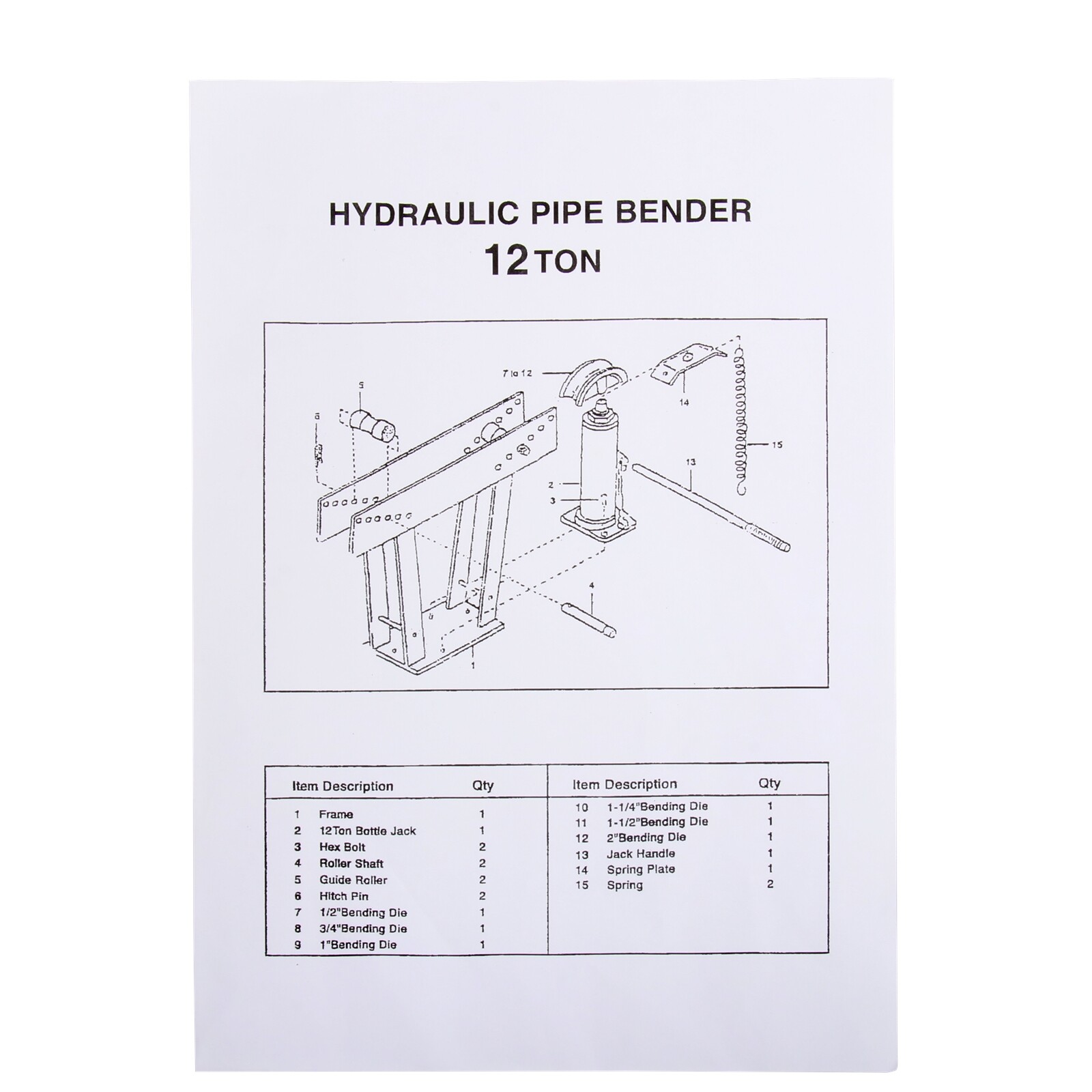 12 Ton Pipe Bender Manual Hydraulic Piping Bending Exhaust Tube w/6 Dies Size