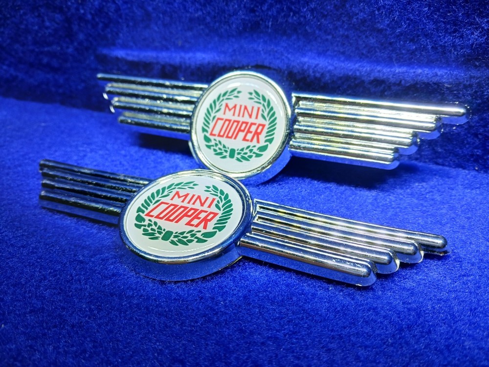 CLASSIC MINI COOPER BONNET AND BOOT WINGED BADGES IN CHROME ( PAIR )