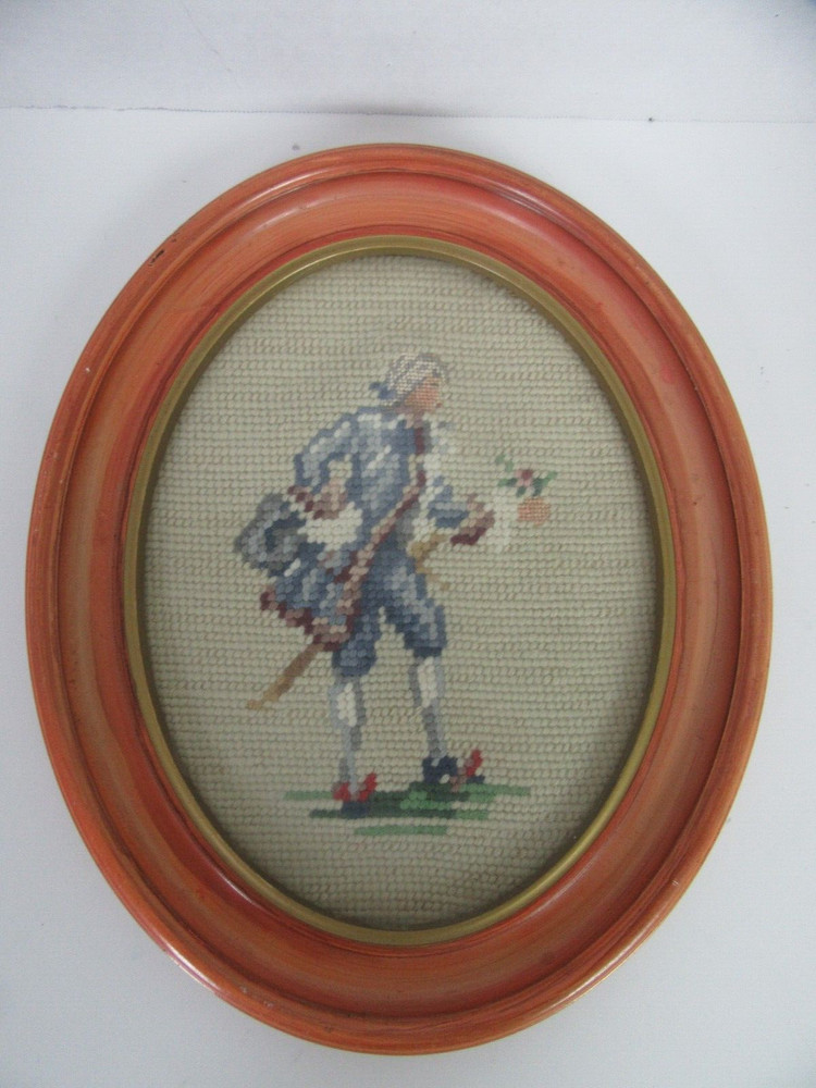 Finished Framed Vintage Needlepoint Victorian Man Proposal Completed Oval