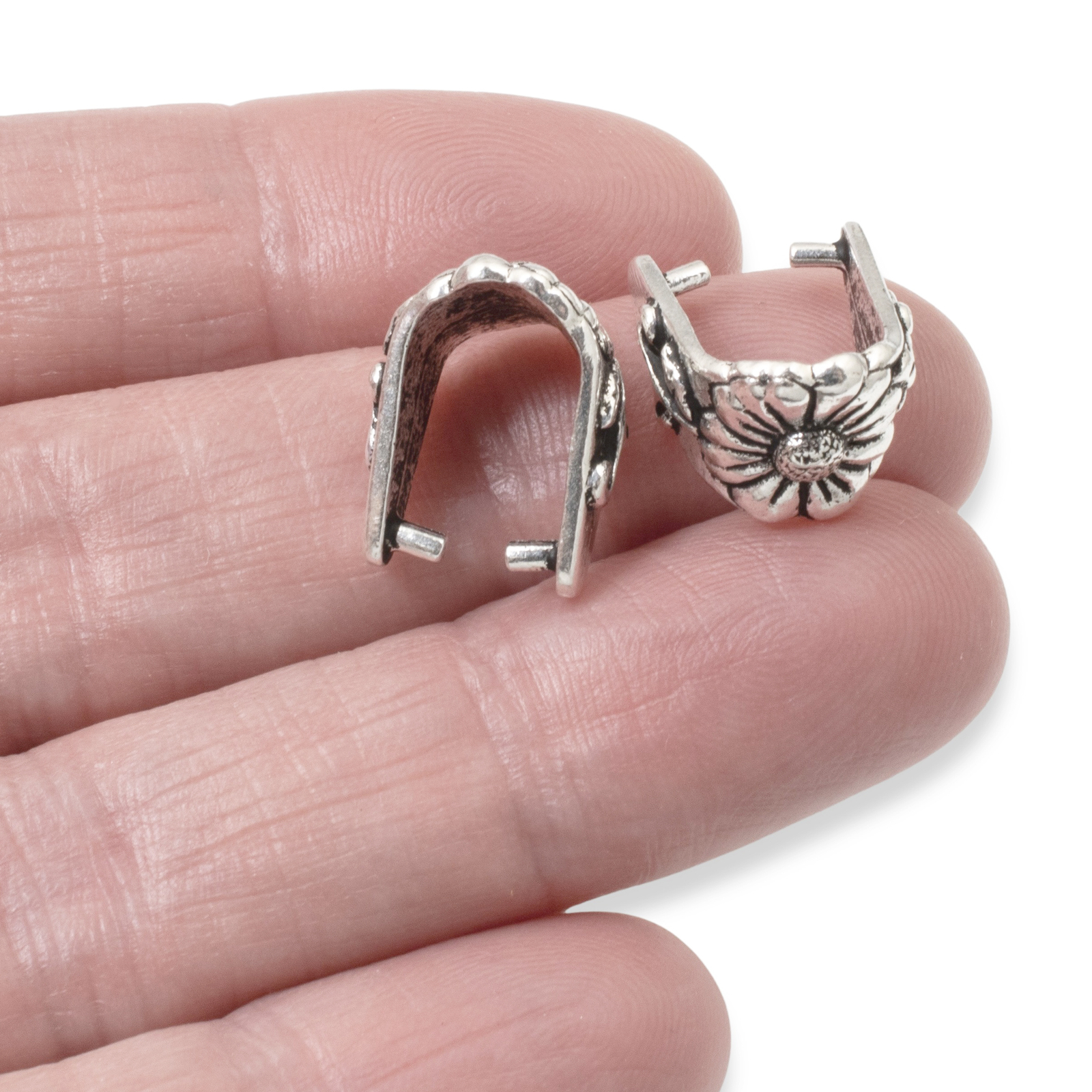 2 Silver Blossom Pinch Bails - TierraCast Vintage Style Pendant Holder