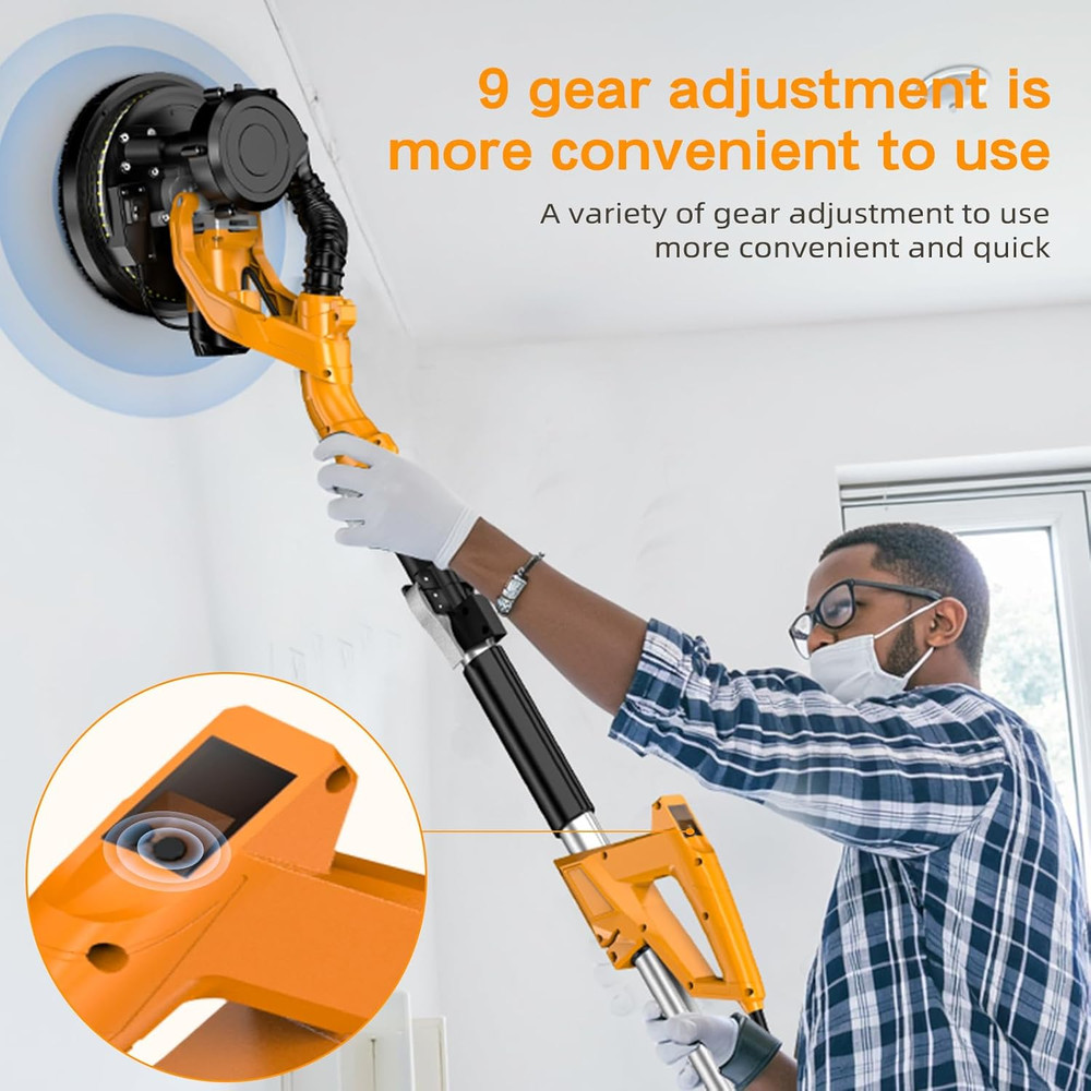Drywall Sander with Vacuum, LED Light & 9 Speeds for Ceiling & Wall Texture