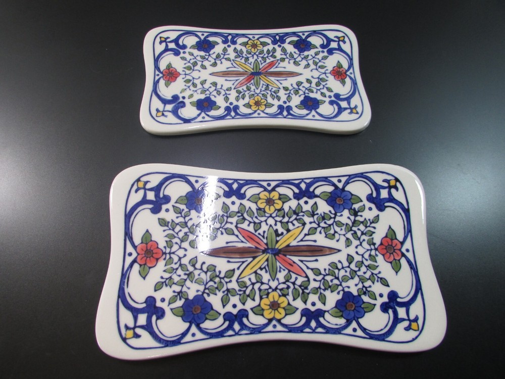 2- Ceramic Porcelain Floral Hand Painted Rectangular Trinkets 7" and 8.5"