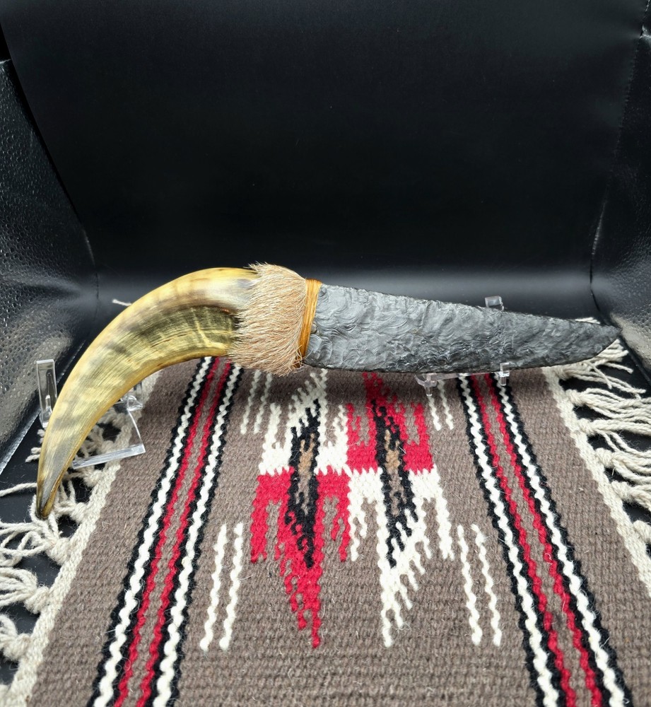 Large Goat Horn Knapped Obsidian Knive Primitive