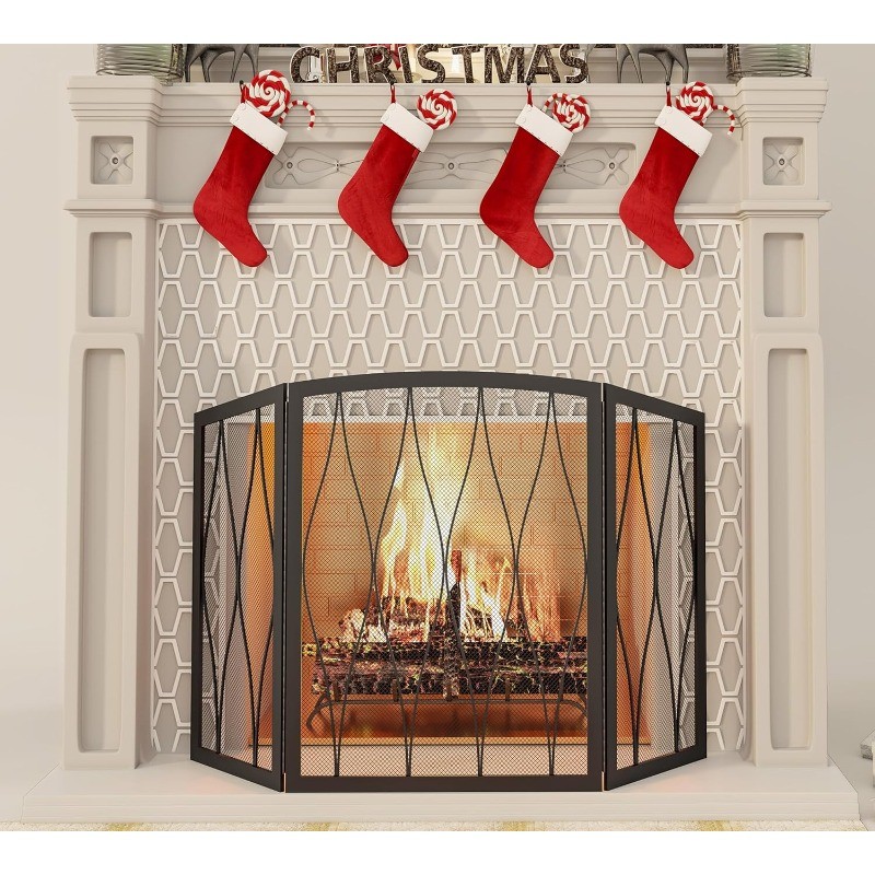 Childproof Fireplace Screen 3- Panel Modern Handcrafted Wrought Iron Foldable