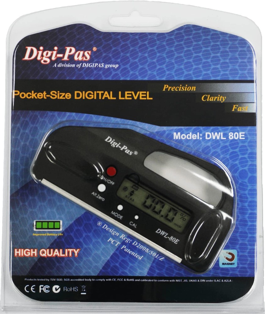 DigiPas DWL80E Pocket Size Digital Level, Electronic Angle Gauge, Protractor, An