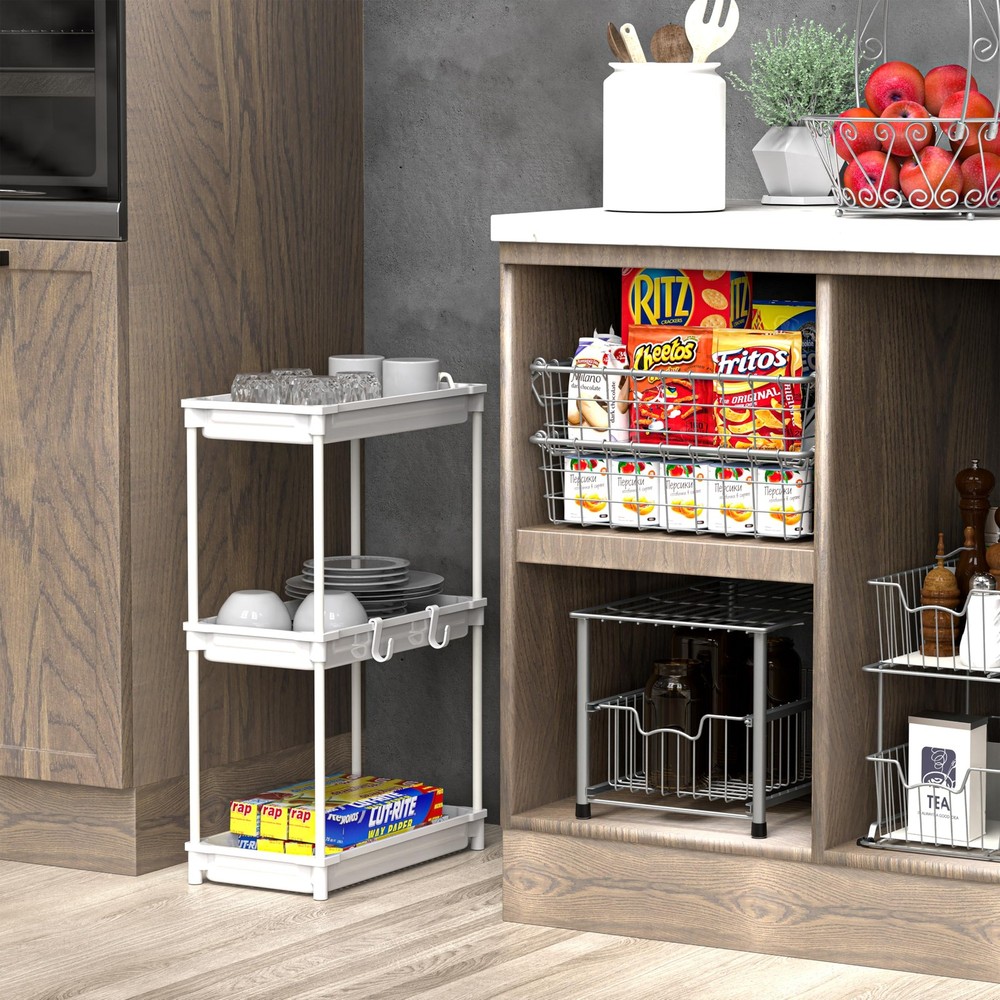 SimpleHouseware Standard 3-Tier Slim Rolling Storage Cart, White